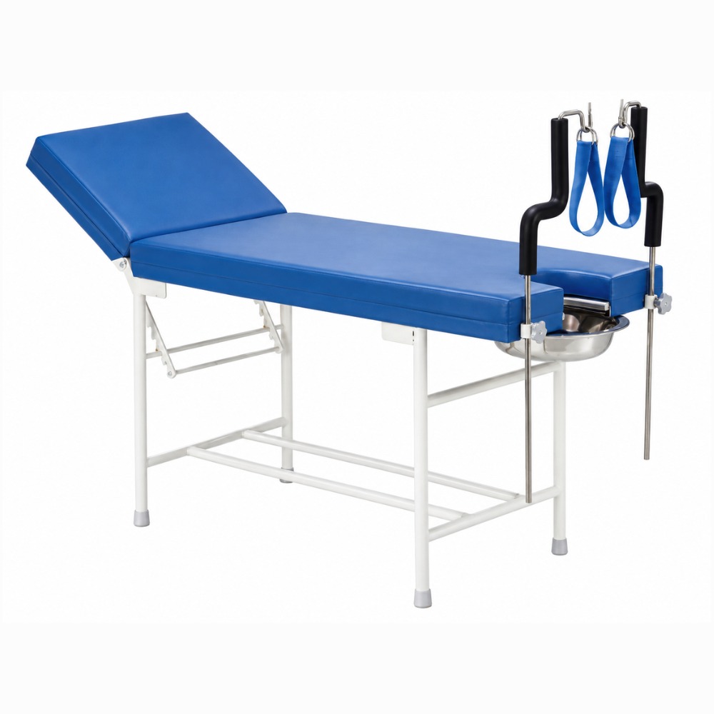 Gynaecological Examination Table with adjustable backrest, blue rexine cushion, lithotomy poles and perineal cut-out – GWS Surgicals LLP